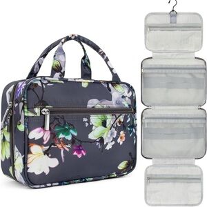 PAVILIA Hanging Toiletry Bag Travel Bag Floral Grey, NEW UNOPENED